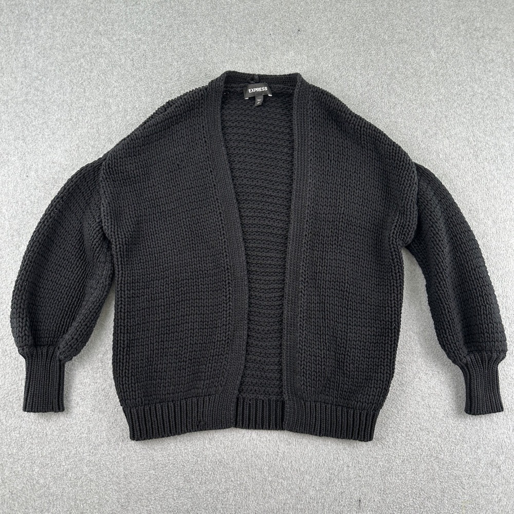Express Cardigan Womens XS Black Chunky Knit Open Front Lantern Sleeve Sweater